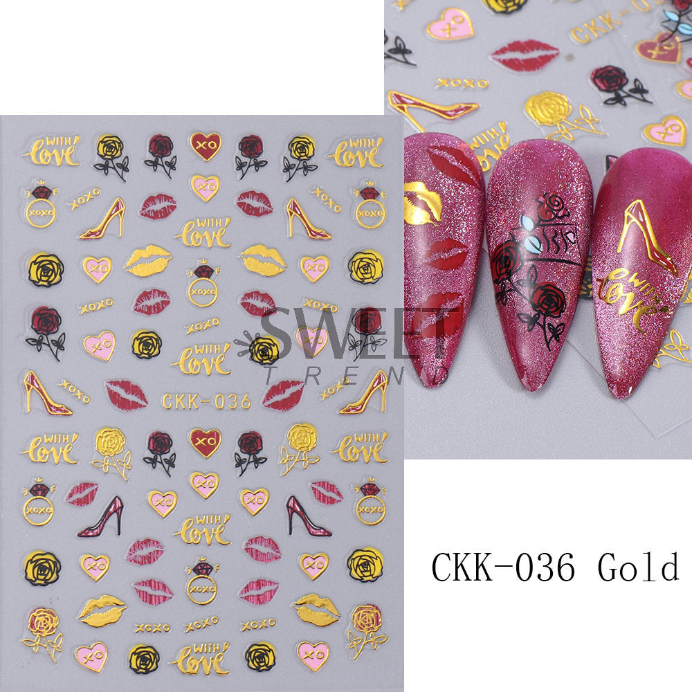 VAL015  New Valentine's Day Nail Art Stickers Bronzing Heart Cupid Lips Black Swan Adhesive Nail Decals