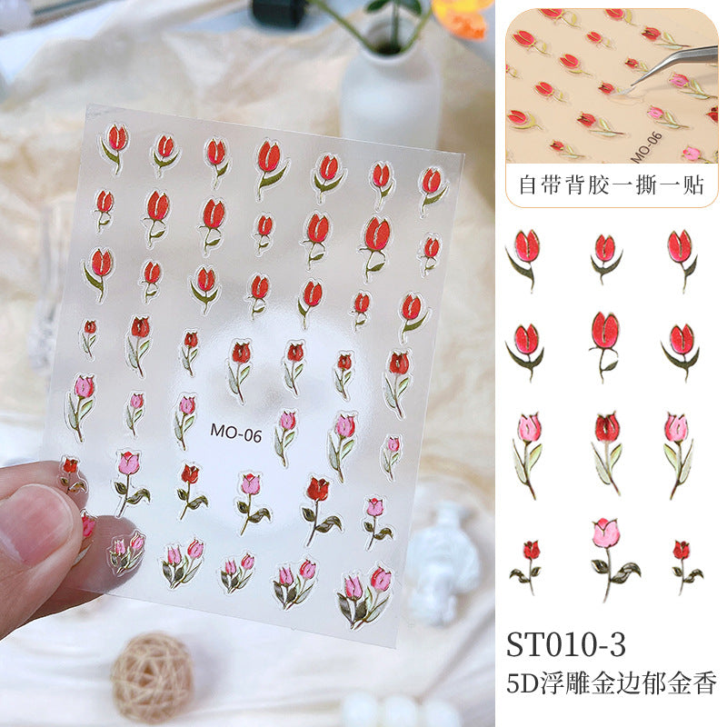 NDE072 Embossed 5D three-dimensional bronzing tulip cherry blossom rose rabbit nail art sticker