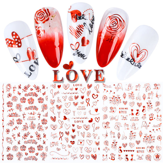 VAL006 Nail Art Stickers ins Valentine's Day Black Gold Red Back Adhesive Nail Stickers Heart Shape Animal Rose Nail