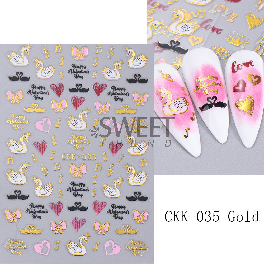 VAL015  New Valentine's Day Nail Art Stickers Bronzing Heart Cupid Lips Black Swan Adhesive Nail Decals