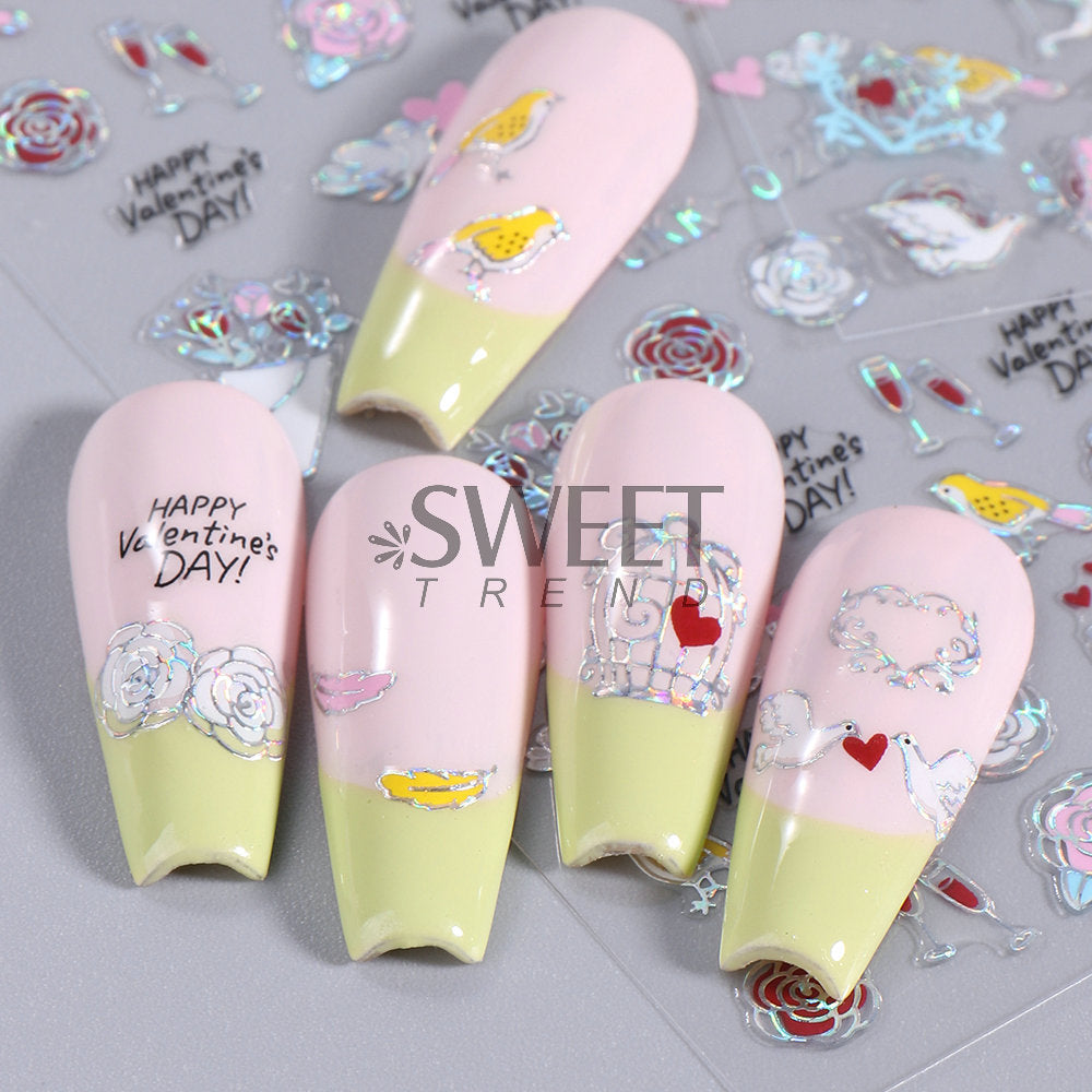 VAL025 New Valentine's Day Nail Art Stickers Ins Laser Silver Lip Print Love Letter Nail Adhesive Decal Wholesale