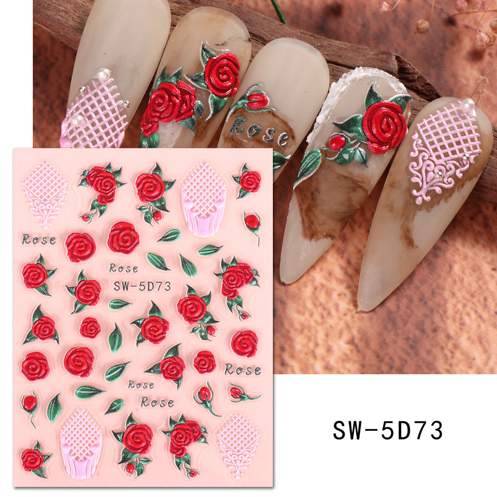 VAL029 Valentine's Day Nail Art Stickers Wholesale ins Retro 5D Embossed Red Rose Spring Flower Nail Stickers