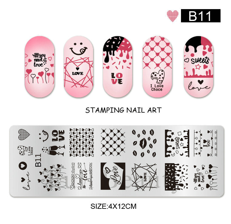 VAL036 New Nail Art Printing Small Long Steel Plate Valentine's Day Love DIY Painted Printing Stainless Steel Nail Printing Plate