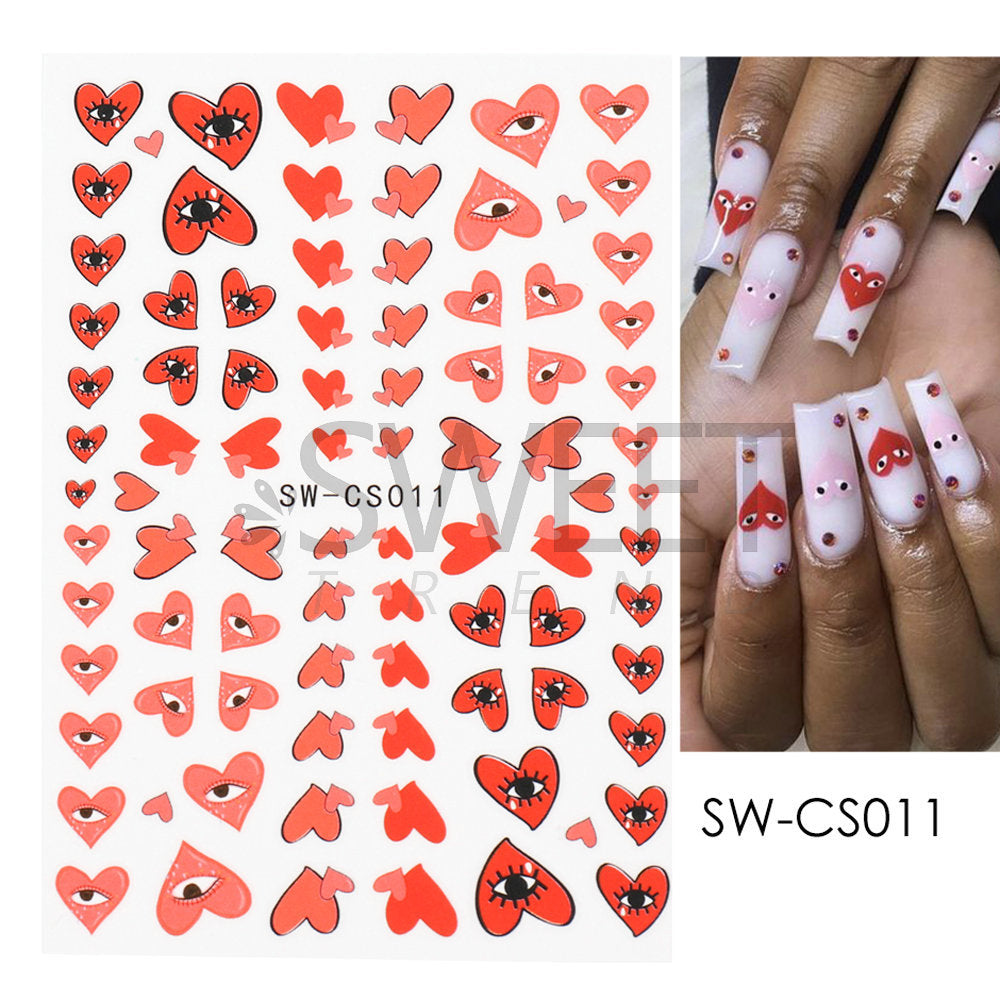 VAL024  Valentine's Day Nail Art Stickers Wholesale Ins Hot Red Heart Devil Eyes Nail Stickers 3D Nail Stickers