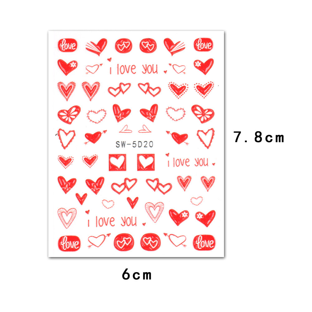 VAL023 Valentine's Day Nail Art Stickers Wholesale 5D Embossed Heart English Words Rose Cartoon Cute Nail Stickers