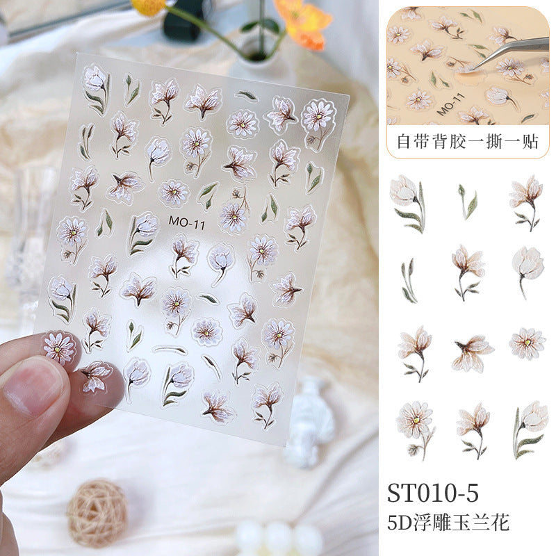 NDE072 Embossed 5D three-dimensional bronzing tulip cherry blossom rose rabbit nail art sticker