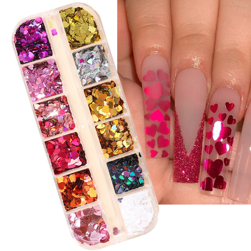 VAL021  Wholesale Heart Shaped Nail Art Sequins Ins Hot 12-Gate Boxed Laser Colored Love Nail Sequins Valentine's Day