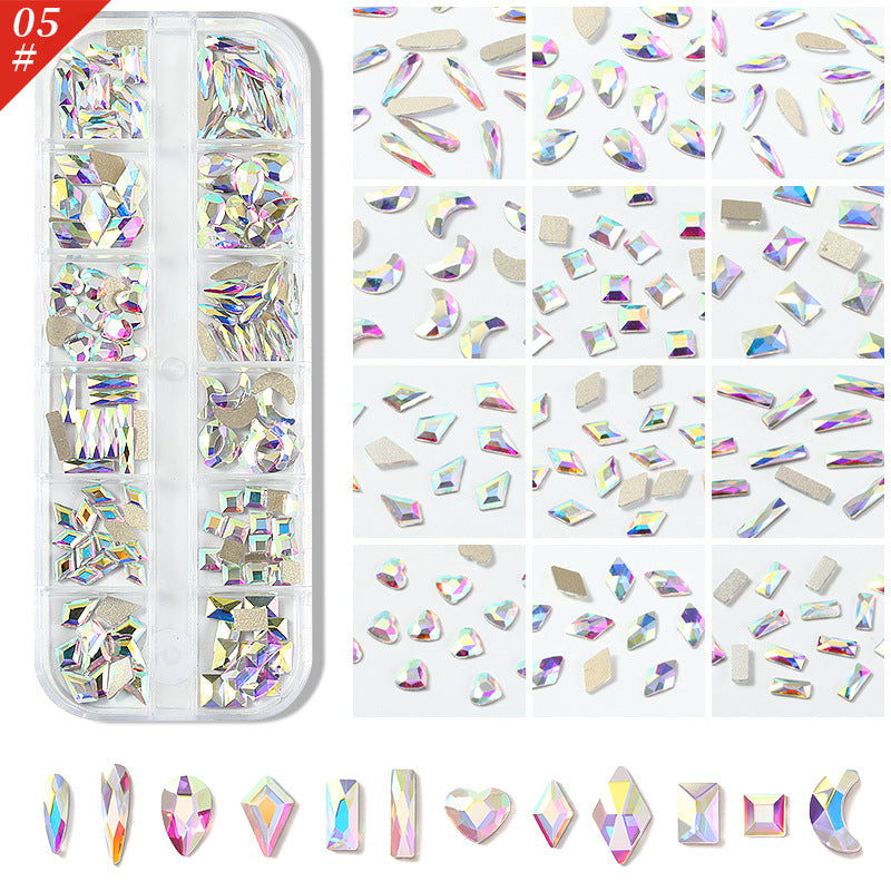 NDE074 Nail art accessories, flat-bottomed special-shaped diamonds, diamonds, water drops, love hearts, bows, square diamonds 12 grids, super flash temperature elf rhinestones