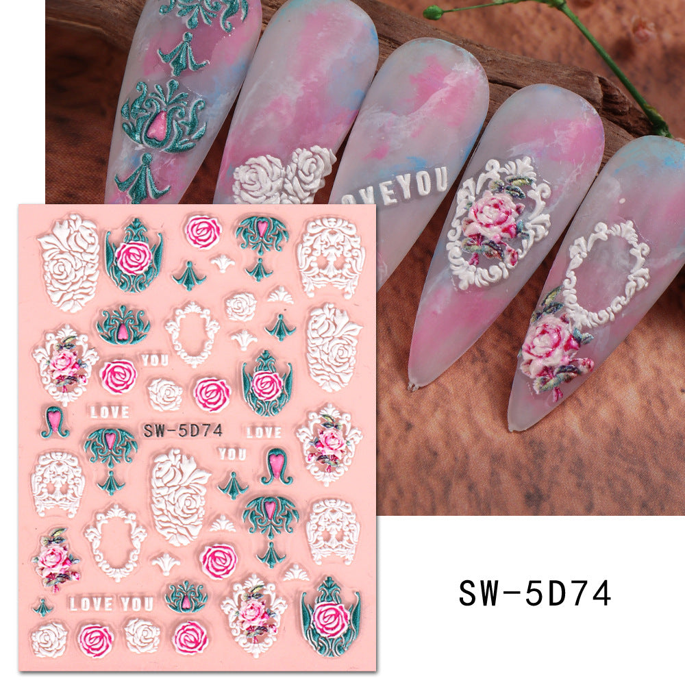 VAL029 Valentine's Day Nail Art Stickers Wholesale ins Retro 5D Embossed Red Rose Spring Flower Nail Stickers