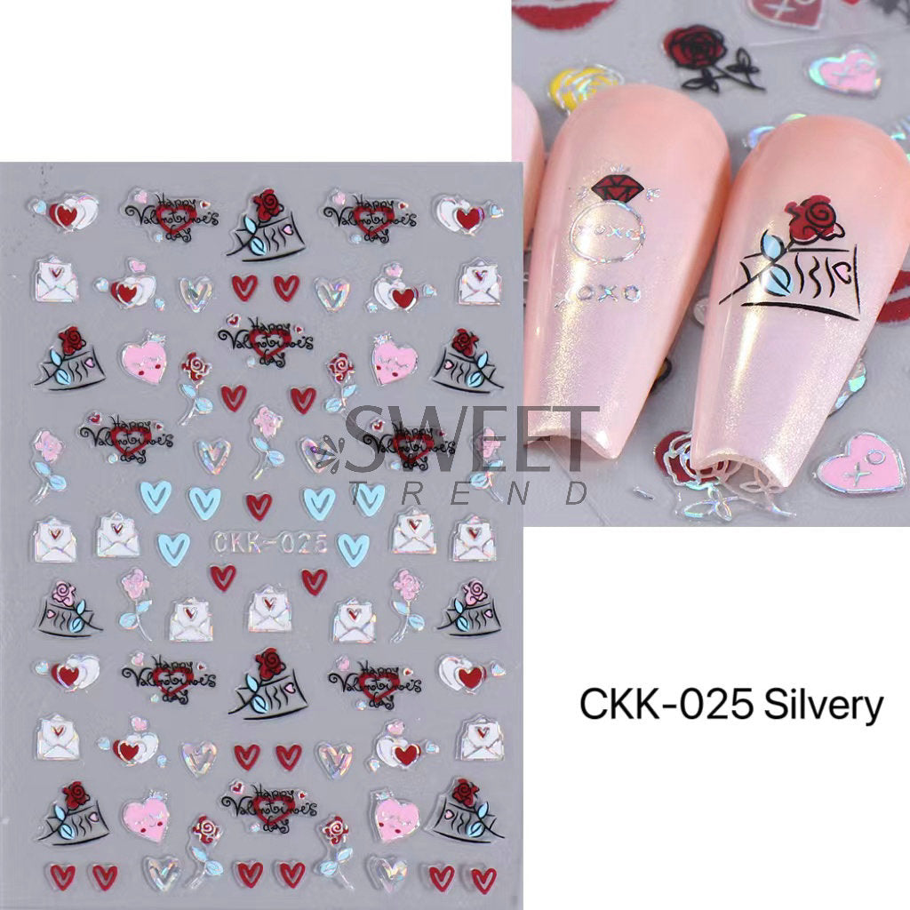 VAL025 New Valentine's Day Nail Art Stickers Ins Laser Silver Lip Print Love Letter Nail Adhesive Decal Wholesale