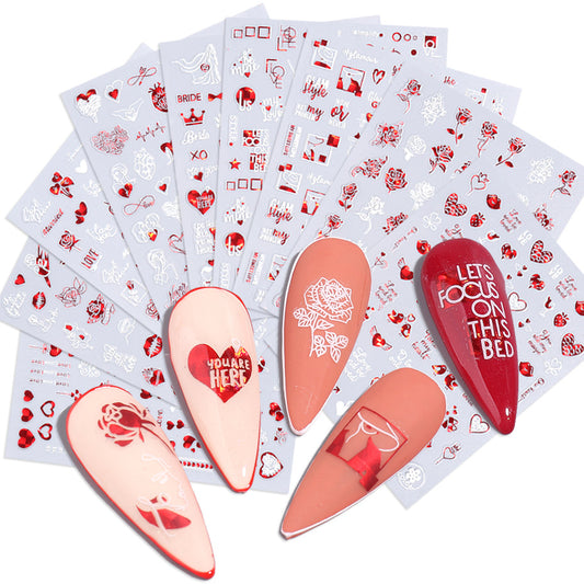 VAL033  New nail art stickers ins red, white, black and gold heart-shaped rose Valentine's Day adhesive nail sticker nail