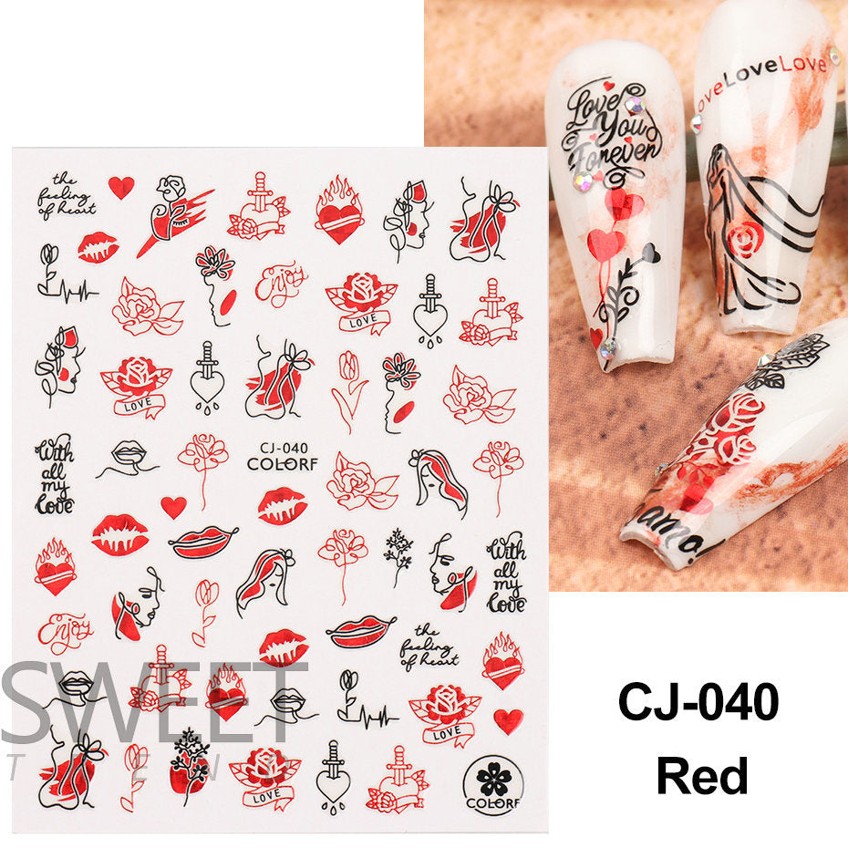 VAL022  Valentine's Day Nail Art Stickers Wholesale 3D Hot Stamping Laser Red Black Line Love Rose Lips Nail Stickers