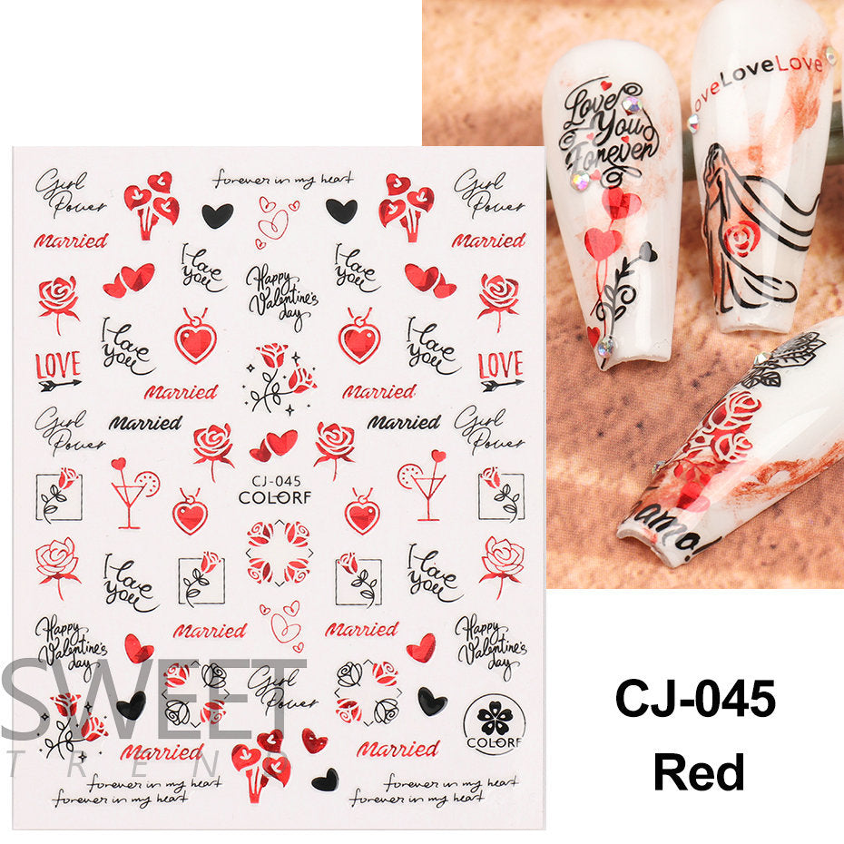 VAL022  Valentine's Day Nail Art Stickers Wholesale 3D Hot Stamping Laser Red Black Line Love Rose Lips Nail Stickers