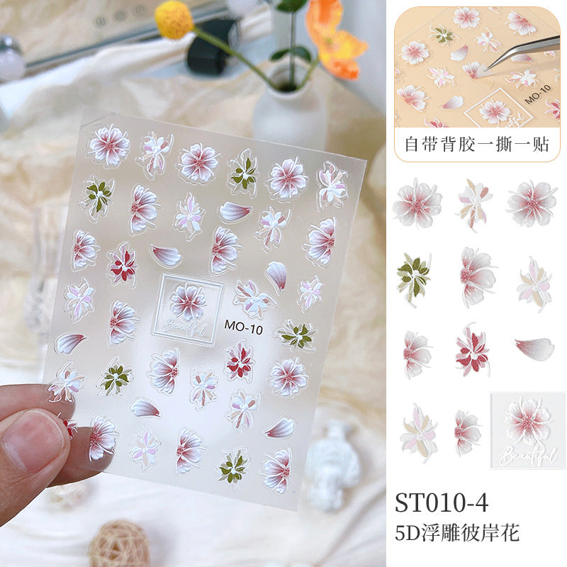 NDE072 Embossed 5D three-dimensional bronzing tulip cherry blossom rose rabbit nail art sticker