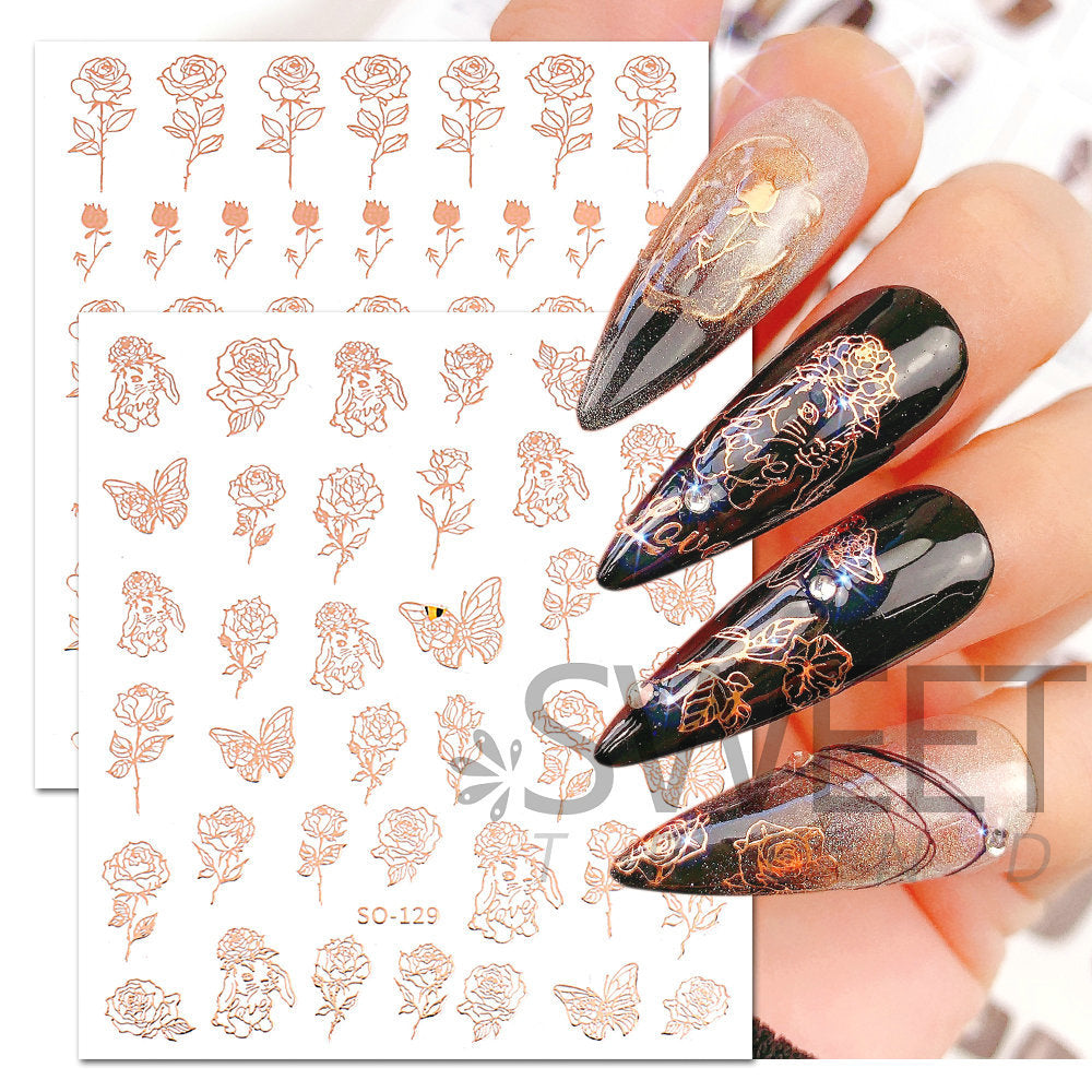 VAL031  Nail Art Stickers Wholesale Ins Hot Gold Bronzing Rose Gold Valentine's Day Nail Stickers Rose Butterfly Stickers