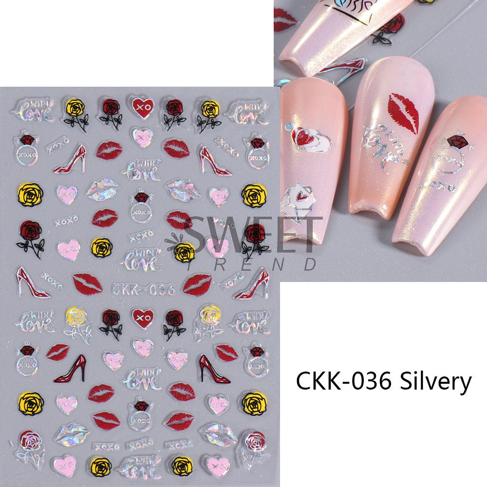 VAL025 New Valentine's Day Nail Art Stickers Ins Laser Silver Lip Print Love Letter Nail Adhesive Decal Wholesale