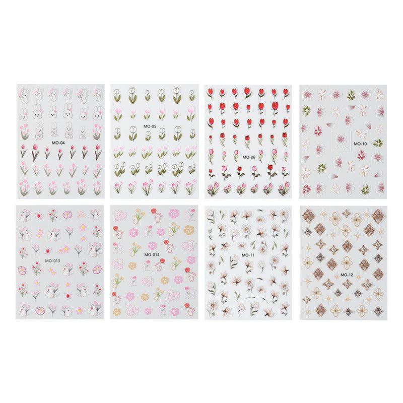 NDE072 Embossed 5D three-dimensional bronzing tulip cherry blossom rose rabbit nail art sticker