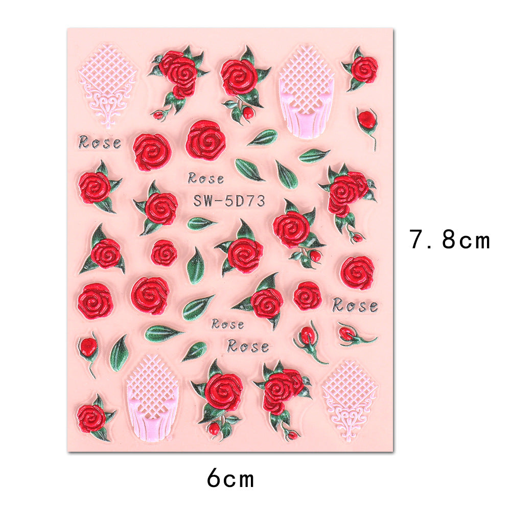 VAL029 Valentine's Day Nail Art Stickers Wholesale ins Retro 5D Embossed Red Rose Spring Flower Nail Stickers