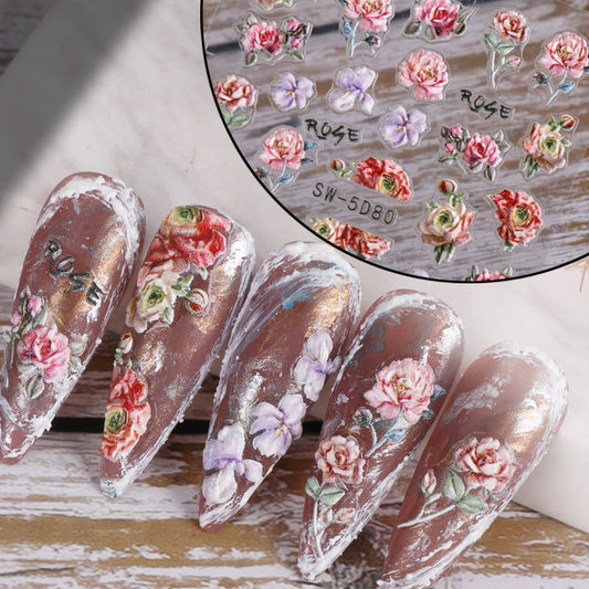 VAL004  Spring manicure stickers wholesale ins retro 5D embossed flowers, grass, roses, birds, clock nail decals