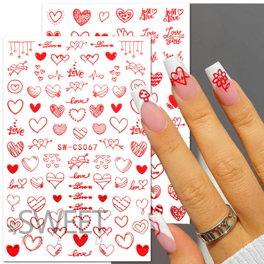 VAL011  Valentine's Day Nail Art Stickers Wholesale Hot Gold Silver Red Love Creed Chain Through Heart Decals Nail Stickers