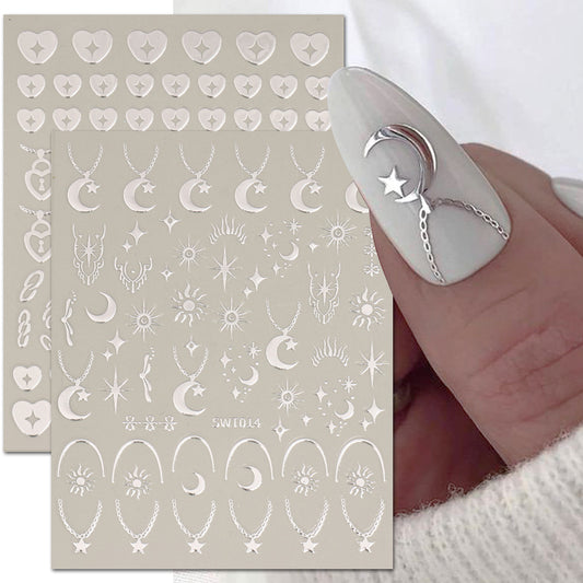 VAL009  Nail art stickers wholesale ins hot hot stamping silver star and moon wings angel love chain valentine's day nail stickers