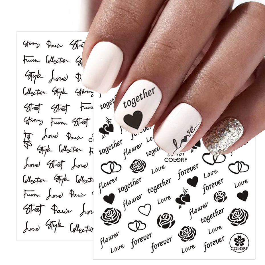 VAL012  New nail art stickers ins Valentine's Day love rose flower English letters gold and silver black back glue nail stickers