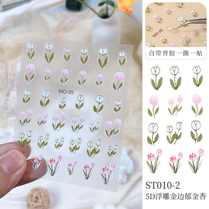 NDE072 Embossed 5D three-dimensional bronzing tulip cherry blossom rose rabbit nail art sticker