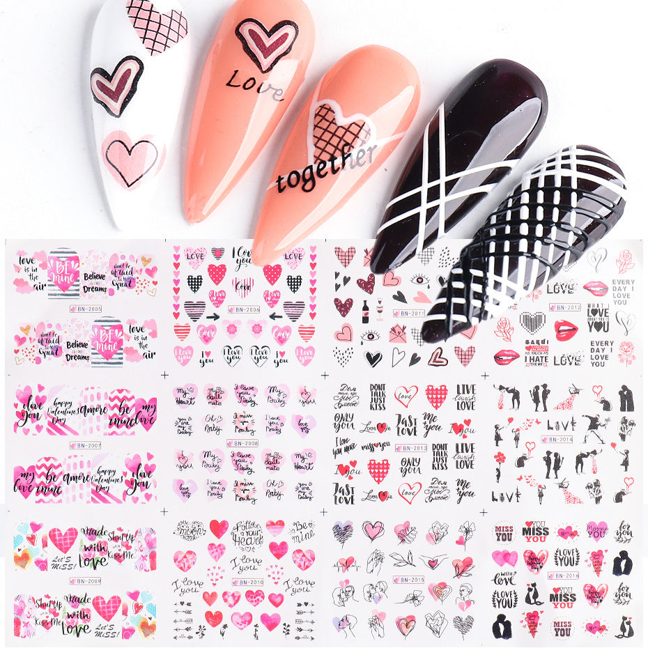 VAL034  Nail Art Stickers ins European and American Valentine's Day Love Steam Bubble Lip Print Letters Water Transfer Nail Stickers