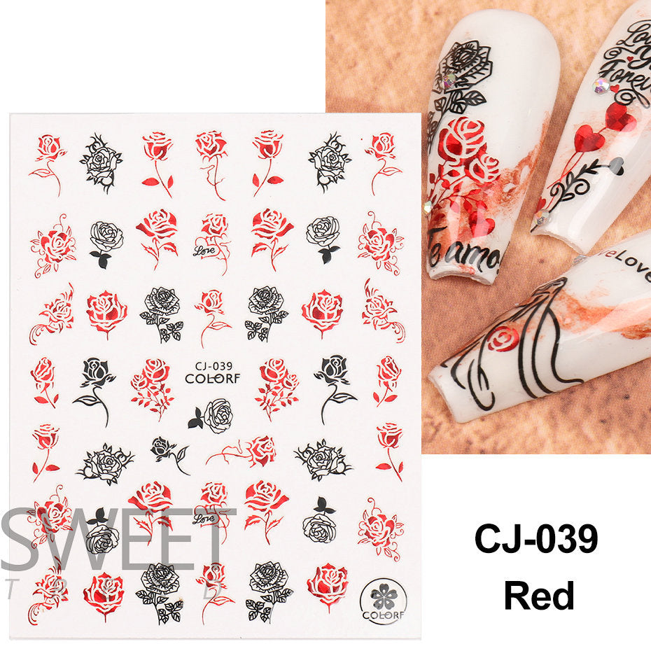 VAL022  Valentine's Day Nail Art Stickers Wholesale 3D Hot Stamping Laser Red Black Line Love Rose Lips Nail Stickers