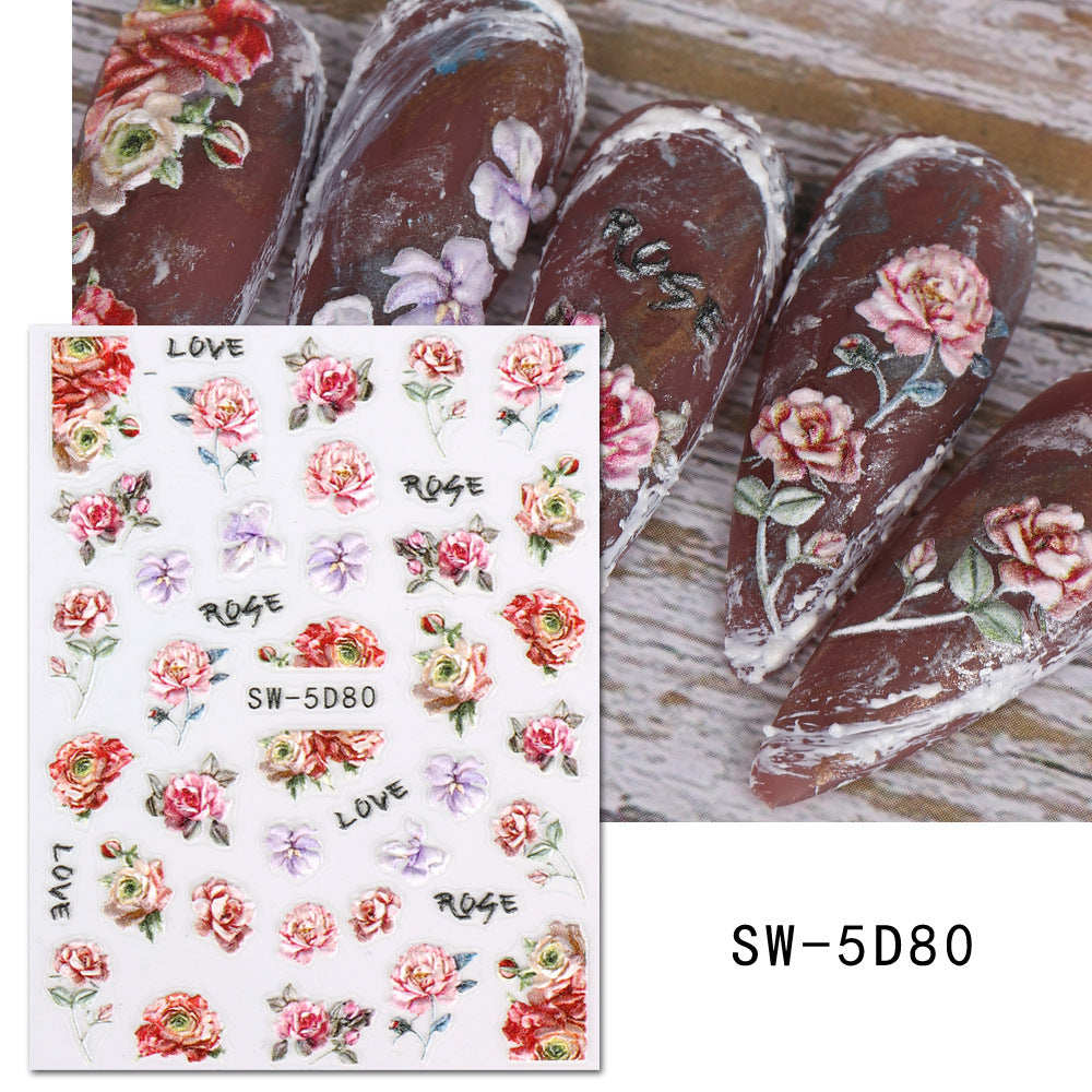 VAL029 Valentine's Day Nail Art Stickers Wholesale ins Retro 5D Embossed Red Rose Spring Flower Nail Stickers