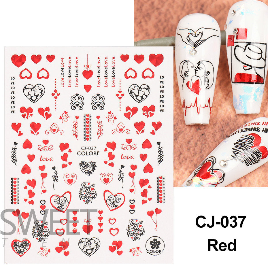 VAL022  Valentine's Day Nail Art Stickers Wholesale 3D Hot Stamping Laser Red Black Line Love Rose Lips Nail Stickers