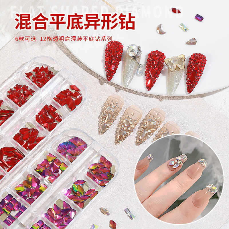 NDE074 Nail art accessories, flat-bottomed special-shaped diamonds, diamonds, water drops, love hearts, bows, square diamonds 12 grids, super flash temperature elf rhinestones