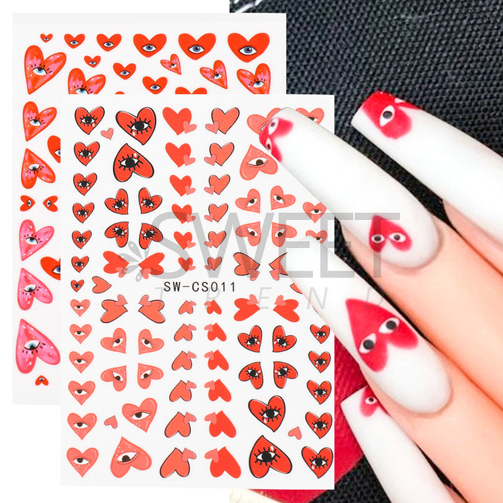 VAL024  Valentine's Day Nail Art Stickers Wholesale Ins Hot Red Heart Devil Eyes Nail Stickers 3D Nail Stickers