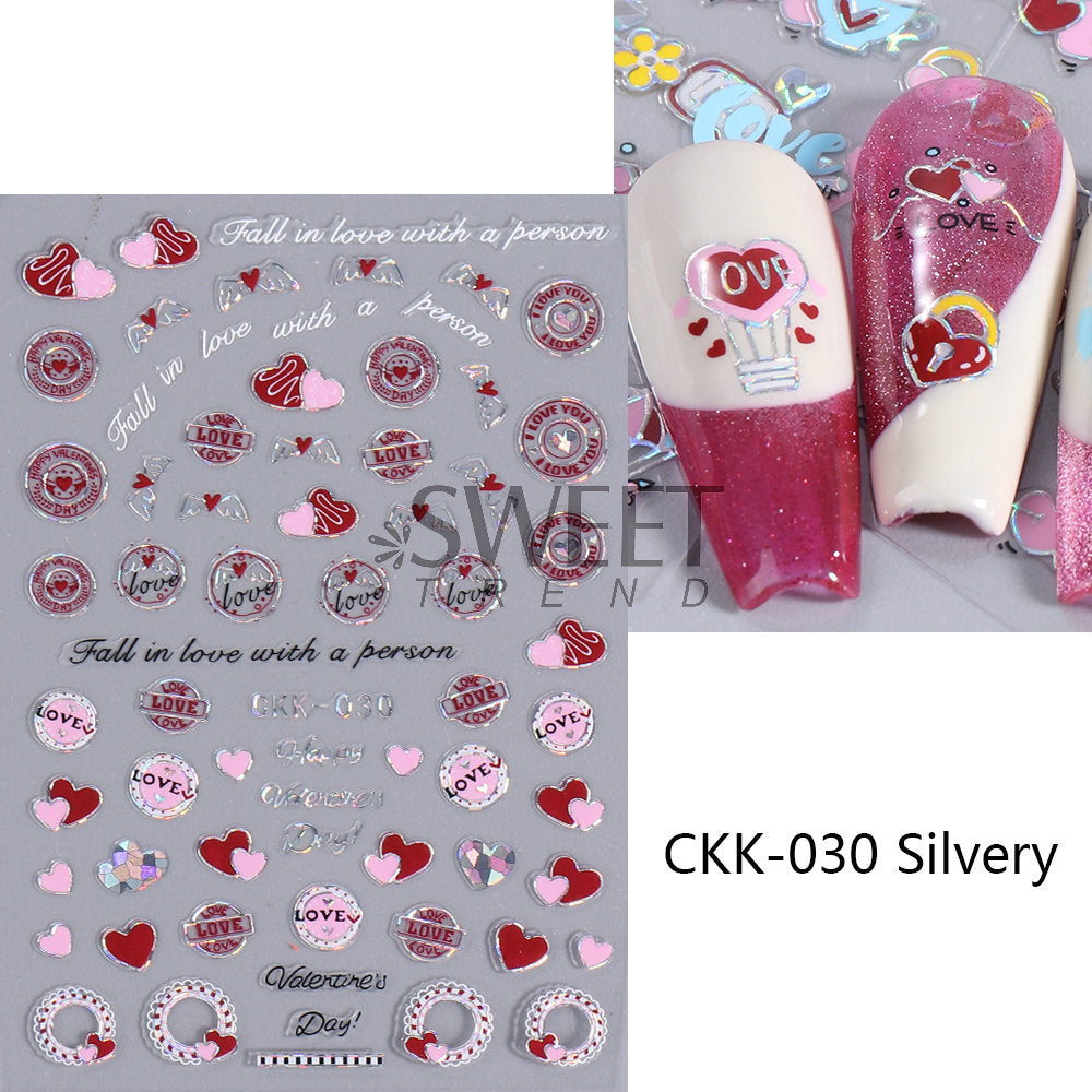 VAL025 New Valentine's Day Nail Art Stickers Ins Laser Silver Lip Print Love Letter Nail Adhesive Decal Wholesale