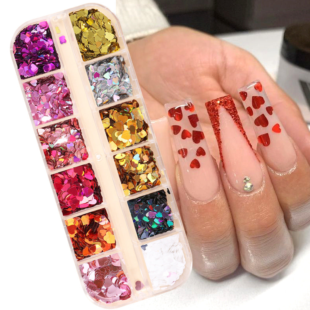 VAL021  Wholesale Heart Shaped Nail Art Sequins Ins Hot 12-Gate Boxed Laser Colored Love Nail Sequins Valentine's Day