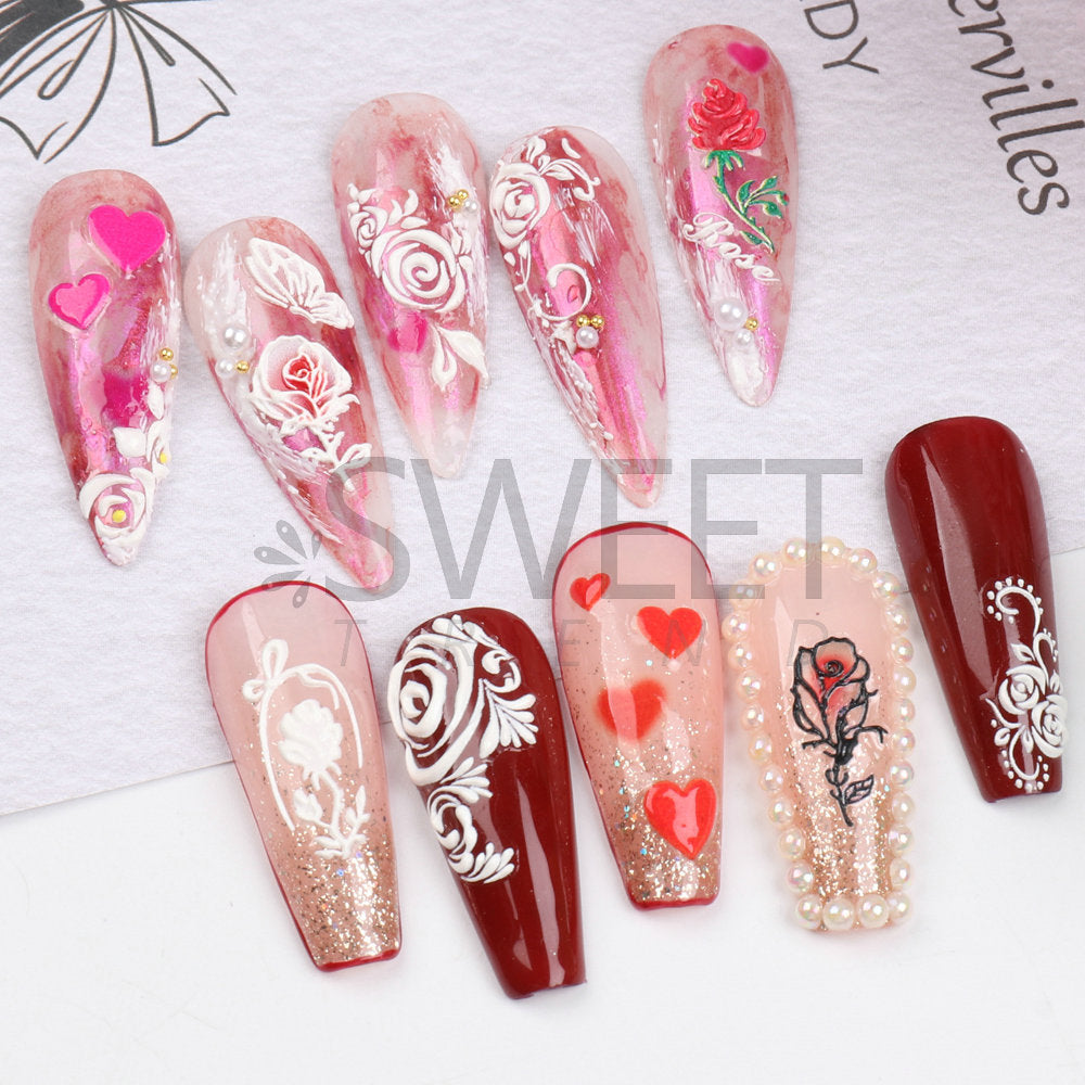 VAL032 Hot Valentine's Day Nail Art Stickers Wholesale Internet Celebrity 5D Embossed Nail Stickers Rose Butterfly Heart