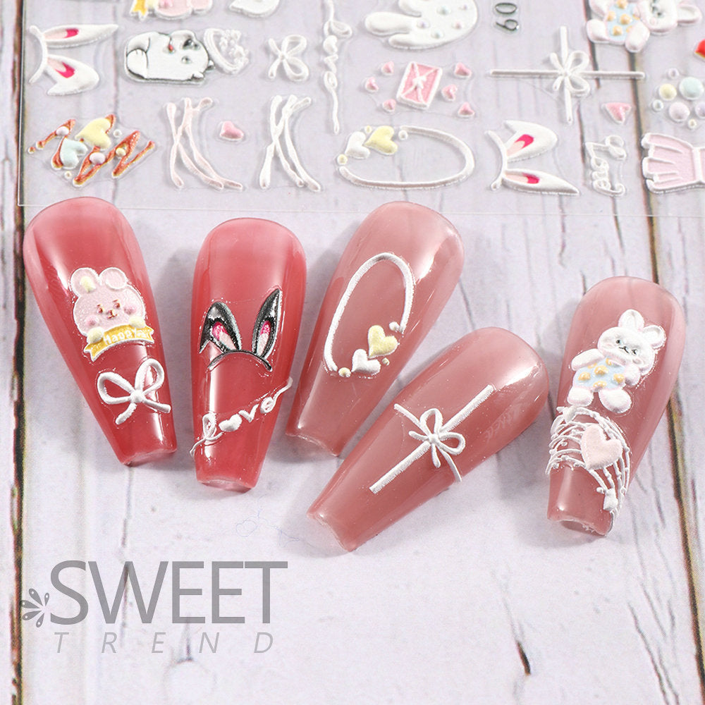 VAL001  Nail art stickers wholesale 5D embossed nail stickers cartoon cute love bow bunny nail art stickers