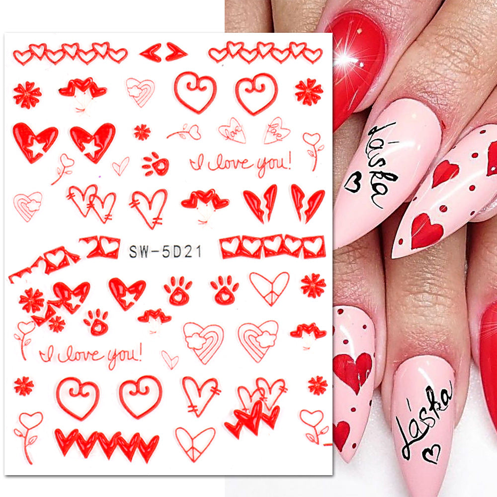 VAL023 Valentine's Day Nail Art Stickers Wholesale 5D Embossed Heart English Words Rose Cartoon Cute Nail Stickers