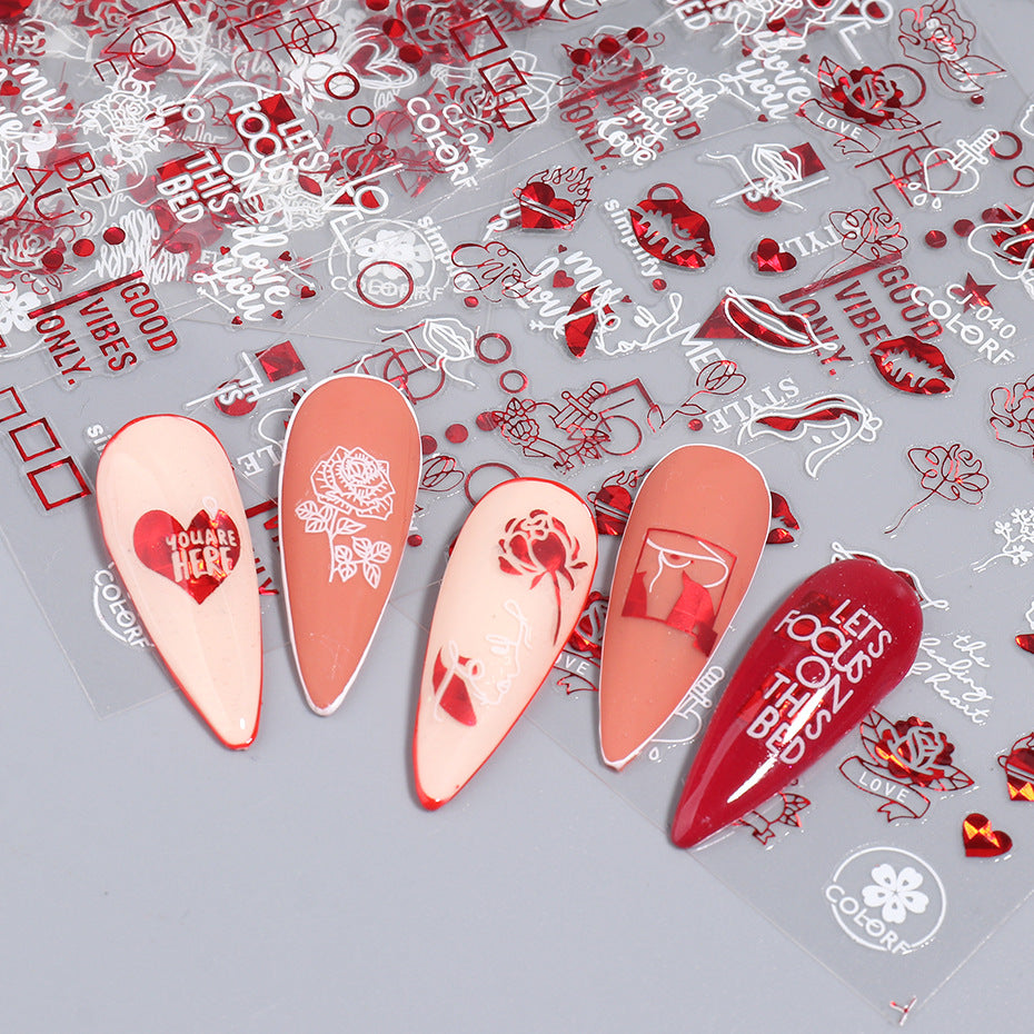 VAL033  New nail art stickers ins red, white, black and gold heart-shaped rose Valentine's Day adhesive nail sticker nail