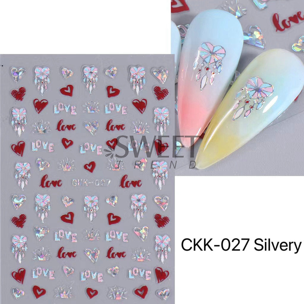 VAL025 New Valentine's Day Nail Art Stickers Ins Laser Silver Lip Print Love Letter Nail Adhesive Decal Wholesale