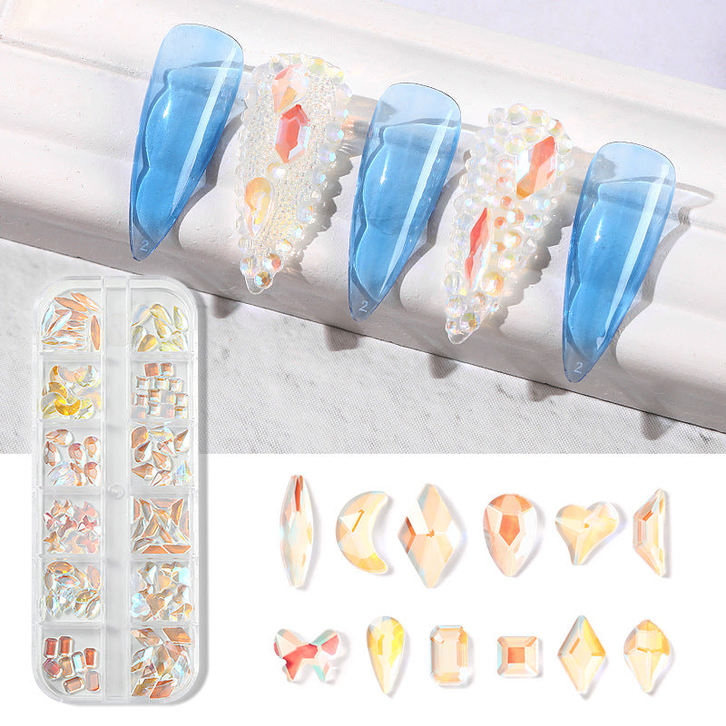 NDE074 Nail art accessories, flat-bottomed special-shaped diamonds, diamonds, water drops, love hearts, bows, square diamonds 12 grids, super flash temperature elf rhinestones