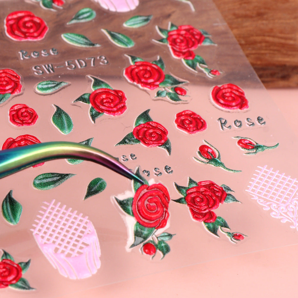 VAL029 Valentine's Day Nail Art Stickers Wholesale ins Retro 5D Embossed Red Rose Spring Flower Nail Stickers