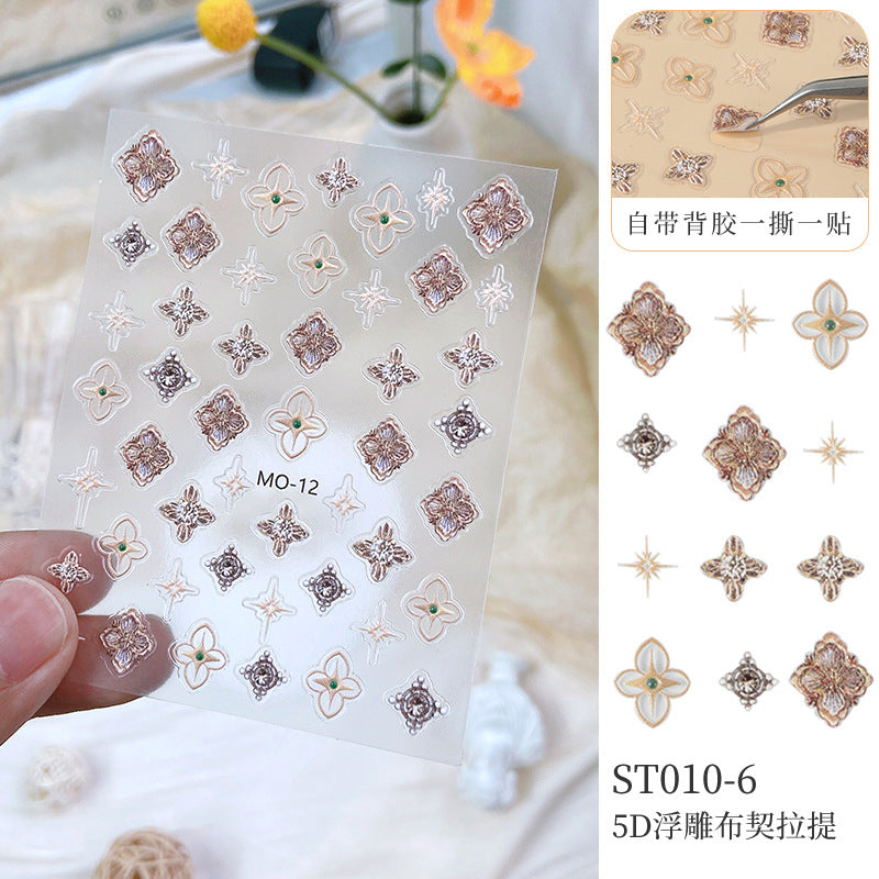 NDE072 Embossed 5D three-dimensional bronzing tulip cherry blossom rose rabbit nail art sticker