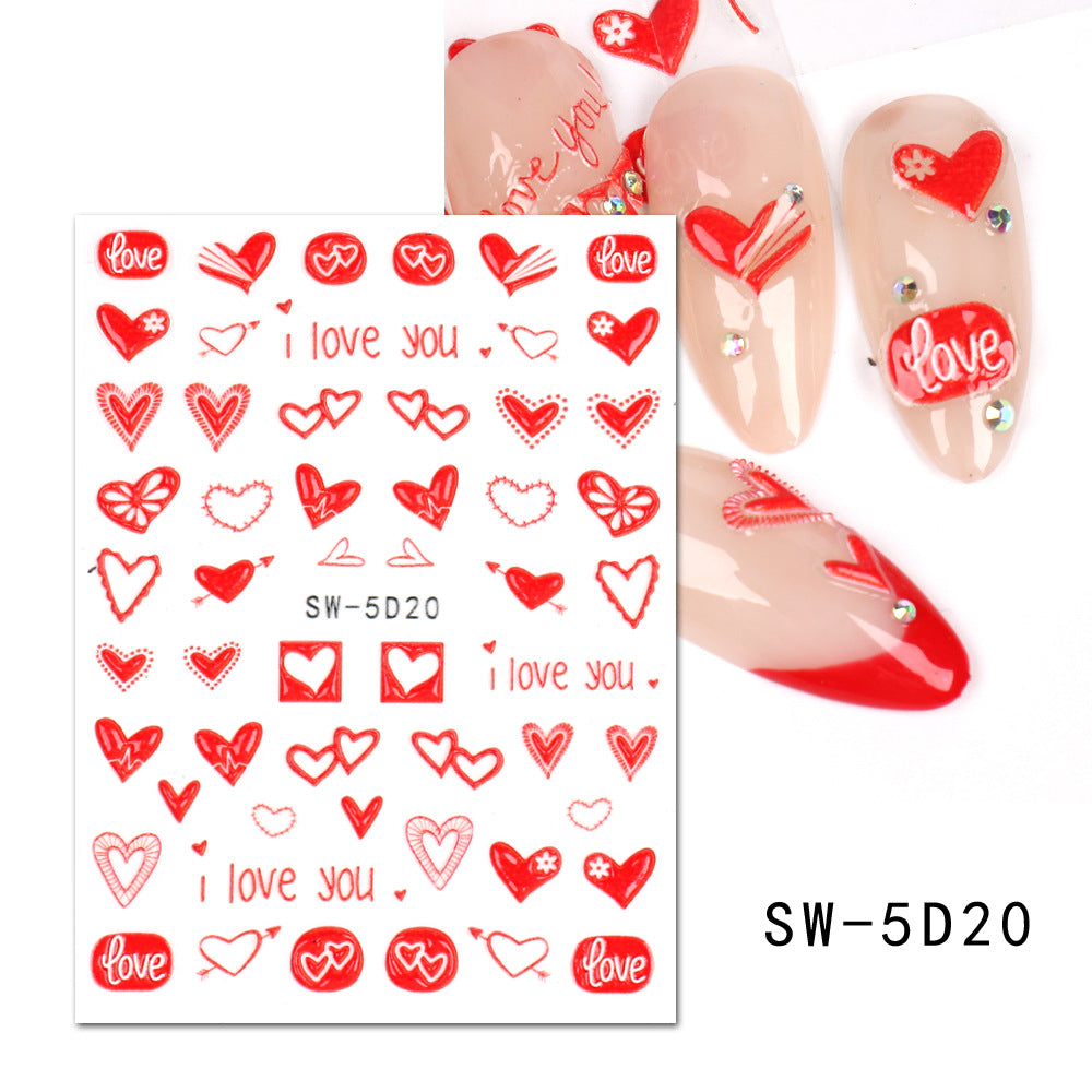 VAL023 Valentine's Day Nail Art Stickers Wholesale 5D Embossed Heart English Words Rose Cartoon Cute Nail Stickers