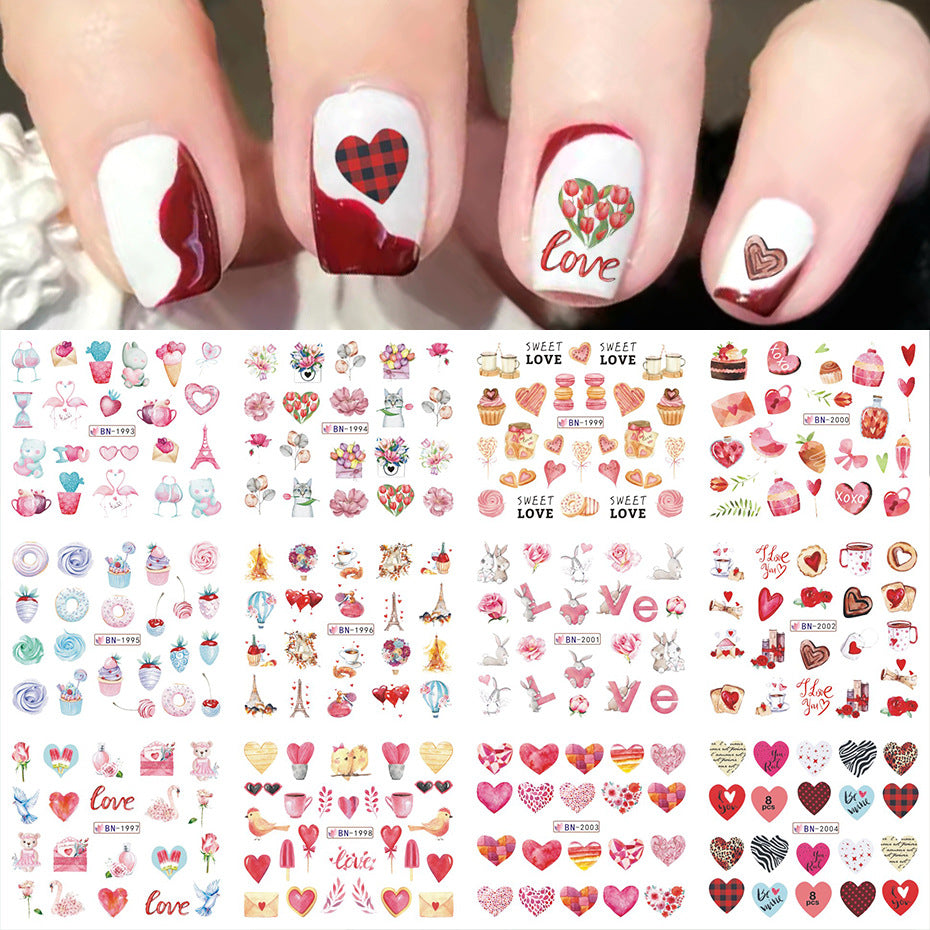 VAL003  New nail art stickers ins European and American Valentine's Day love lip print letters donut watermark nail stickers