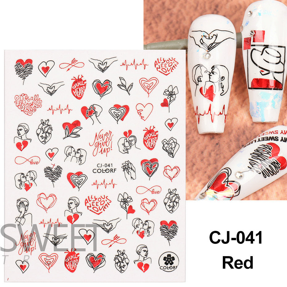 VAL022  Valentine's Day Nail Art Stickers Wholesale 3D Hot Stamping Laser Red Black Line Love Rose Lips Nail Stickers