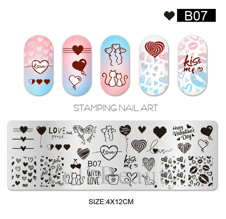 VAL036 New Nail Art Printing Small Long Steel Plate Valentine's Day Love DIY Painted Printing Stainless Steel Nail Printing Plate