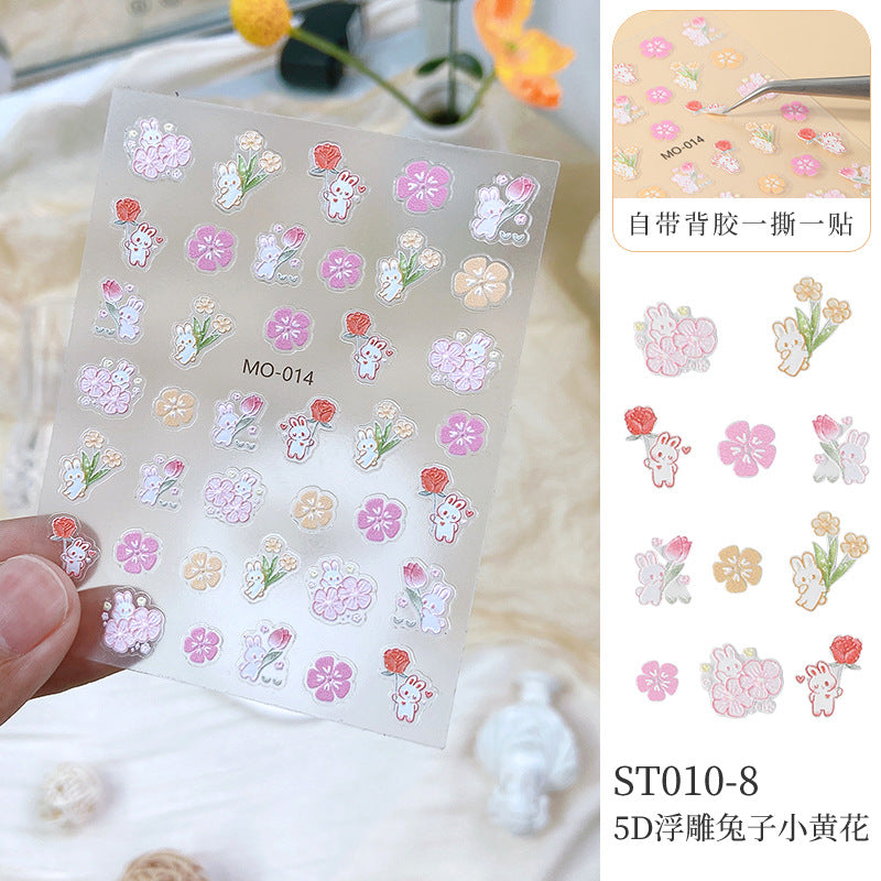 NDE072 Embossed 5D three-dimensional bronzing tulip cherry blossom rose rabbit nail art sticker