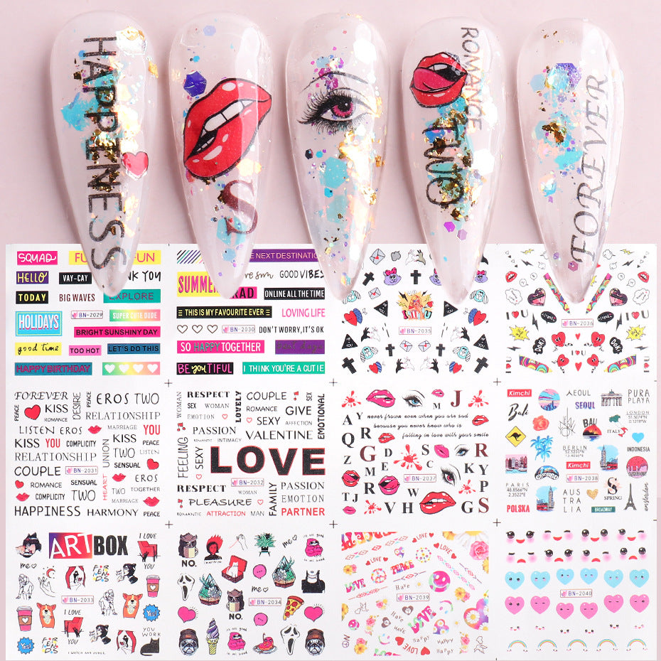 VAL034  Nail Art Stickers ins European and American Valentine's Day Love Steam Bubble Lip Print Letters Water Transfer Nail Stickers