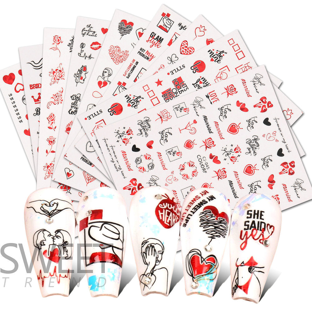 VAL022  Valentine's Day Nail Art Stickers Wholesale 3D Hot Stamping Laser Red Black Line Love Rose Lips Nail Stickers